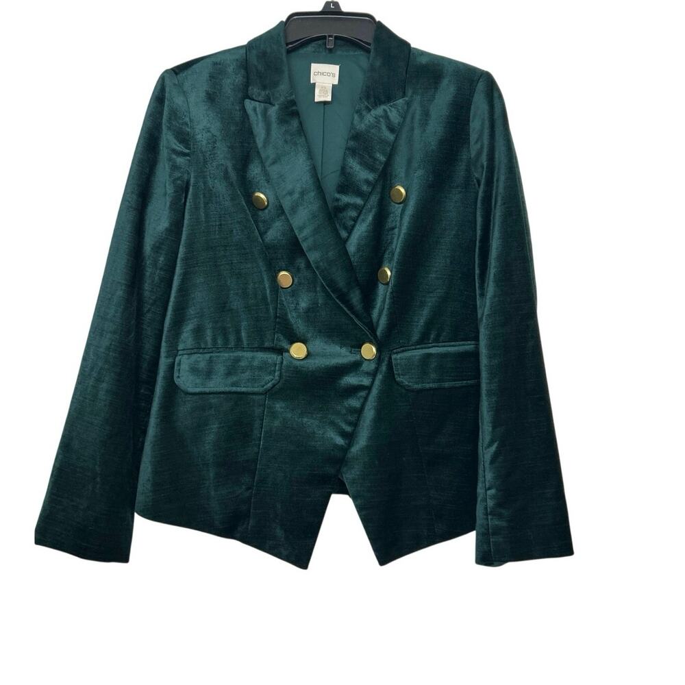 Chico’s Emerald Green Velvet  Blazer Double Breasted Old Money Quiet Luxury S/4
